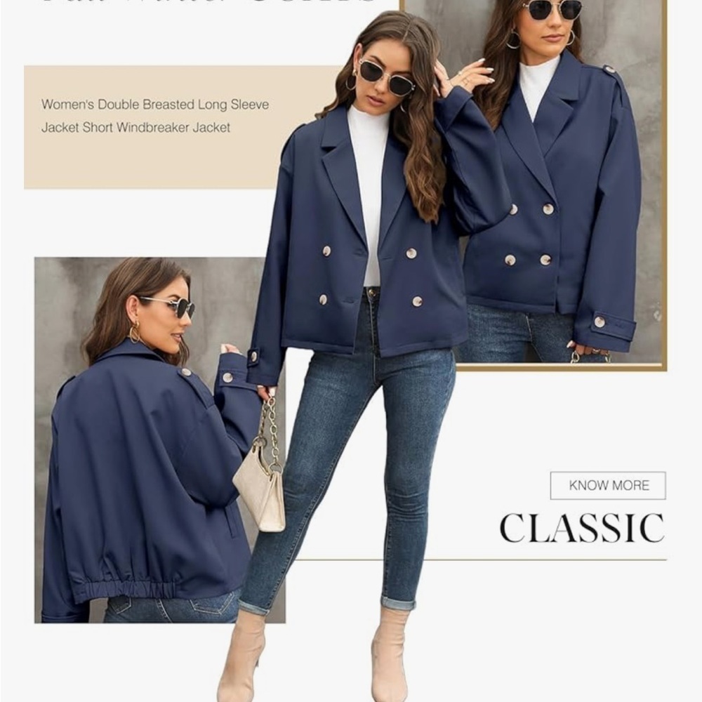 Dokotoo Womens Cropped Trench Coats Double Breasted Blazer Long Sleeve Lapel